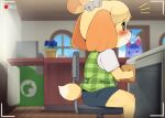  ambiguous_gender animal_crossing anthro biped blue_body blue_eyes blush canid canine canis chair clothed clothing container cup dagasi detailed_background domestic_cat domestic_dog duo felid feline felis female flower fur furniture hi_res holding_container holding_cup holding_object isabelle_(animal_crossing) mammal nintendo olivia_(animal_crossing) on_chair orange_body orange_fur plant side_view sitting sitting_on_chair smile tail yellow_body yellow_fur 