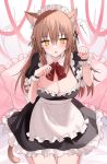  1girl animal_ear_fluff animal_ears apron bangs blush bow bowtie breasts brown_hair cat_ears cat_tail cleavage detached_collar frills hair_between_eyes hair_ribbon highres kinona large_breasts long_bangs long_hair looking_at_viewer maid maid_apron maid_headdress on_bed open_mouth original paw_pose pillow ribbon seiza short_sleeves sitting solo sweatdrop tail wristband yellow_eyes 