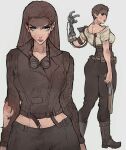  1girl belt blood blood_on_face blue_eyes boots brown_belt brown_hair brown_jacket brown_pants goggles goggles_around_neck gun highres holding holding_gun holding_weapon imperator_furiosa jacket long_hair long_sleeves looking_at_viewer mad_max mechanical_arms multiple_views pants shirt short_hair shotgun single_mechanical_arm tattoo torn_clothes weapon white_shirt yoracrab 