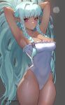  1girl aqua_hair armpits arms_behind_head artist_name bare_shoulders blush braid breasts cleavage collarbone covered_navel dark-skinned_female dark_elf dark_skin elf grey_background hair_intakes hair_tie hair_tie_in_mouth highleg highleg_leotard highres large_breasts leotard long_hair looking_at_viewer mixed-language_commentary mouth_hold pointy_ears purple_eyes puyoakira rosalinde_(unicorn_overlord) simple_background solo strapless strapless_leotard sweat thighs twin_braids tying_hair unicorn_overlord white_leotard 