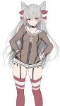  1girl amatsukaze_(kancolle) black_choker black_panties blush breasts brown_dress chigasaki_yukari choker dress garter_straps grey_hair grey_neckerchief hair_tubes hand_on_own_hip hands_on_own_hips highres kantai_collection long_hair long_sleeves looking_at_viewer neckerchief panties red_thighhighs sailor_collar sailor_dress see-through see-through_dress short_dress side-tie_panties simple_background small_breasts solo thighhighs two_side_up underwear very_long_hair white_background white_sailor_collar 