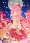  1girl absurdres architecture back bell blue_sky blurry blurry_background bow braid breasts depth_of_field dress east_asian_architecture elf elysia_(herrscher_of_human:ego)_(honkai_impact) elysia_(honkai_impact) elysia_(peachy_spring)_(honkai_impact) falling_petals flower full_moon hair_bell hair_between_eyes hair_bow hair_bun hair_flower hair_ornament highres holding honkai_(series) honkai_impact_3rd lingzhongzou long_hair long_sleeves moon petals pink_hair pointy_ears puffy_sleeves red_bow red_dress single_braid sky solo standing very_long_hair 