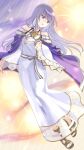 1girl bare_shoulders brown_footwear cape commentary dress fire_emblem fire_emblem:_genealogy_of_the_holy_war floating_hair gold_trim julia_(fire_emblem) kiyuu long_hair purple_cape purple_eyes purple_hair sandals solo toenails toes white_dress wide_sleeves 