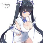  1girl artist_name bangs black_hair blue_bow blue_bowtie blue_eyes blunt_bangs bow bowtie breast_lift breasts cleavage closed_mouth clothing_cutout covered_navel covered_nipples cowboy_shot dated dress dungeon_ni_deai_wo_motomeru_no_wa_machigatteiru_darou_ka from_above gloves hands_up hestia_(danmachi) highres kawery large_breasts long_hair looking_at_viewer pencil_dress rei_no_himo short_dress simple_background sleeveless sleeveless_dress smile solo tight tight_dress twintails upturned_eyes very_long_hair white_background white_dress white_gloves 