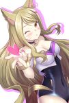  1girl ahri_(league_of_legends) animal_ears black_choker black_leotard blonde_hair blowing_kiss blush breasts brown_eyes cat_ears cat_girl chestnut_mouth choker cowboy_shot facial_mark from_side heart k/da_ahri large_breasts league_of_legends leotard long_hair looking_at_viewer one_eye_closed open_mouth outline pink_outline s_(hdru2332) shadow solo standing whisker_markings white_background 