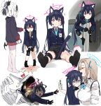  1boy 3girls ? aak absurdres animal_ear_fluff animal_ears asuna_(blue_archive) between_legs bike_shorts bike_shorts_under_skirt binah_(blue_archive) black_choker black_gloves black_hair black_hoodie black_horns black_skirt black_socks blue_archive blue_halo blue_jacket blue_ribbon blush breasts cat_ears cat_tail cellphone character_request choker closed_eyes closed_mouth collared_shirt commentary_request doodle_sensei_(blue_archive) ear_piercing fang gloom_(expression) gloves grey_halo hair_ribbon halo hand_on_another&#039;s_chest hand_on_another&#039;s_shoulder hands_on_own_knees headset highres hood hoodie horns id_card jacket kayoko_(blue_archive) knee_brace large_breasts long_hair long_sleeves multicolored_hair multiple_girls multiple_views nazomaki_(blue_archive) open_mouth phone piercing pink_halo red_skirt ribbon sensei_(blue_archive) serika_(blue_archive) shirt single_wing skirt small_breasts smartphone socks split_mouth sweatdrop tail tail_between_legs twintails two-tone_hair vomiting white_background white_shirt wings 