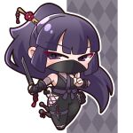  1girl absurdly_long_hair absurdres argyle_background black_kimono black_pants bridal_gauntlets chibi commentary_request fishnets floating_hair full_body grey_background hair_ornament hair_stick highres holding holding_sword holding_weapon japanese_clothes kimono kuji-in long_hair looking_at_viewer mask mouth_mask ninja original outline pants ponytail purple_eyes purple_hair saishosaisekojo solo sword very_long_hair weapon weapon_request white_background white_outline 