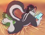 anthro bedroom_eyes butt claws fart fart_cloud fart_fetish feet looking_at_viewer looking_back looking_back_at_viewer lying male mammal marlon.cores mephitid narrowed_eyes nude on_front pinup pose raised_tail seductive skunk smelly solo stripes tablet tail