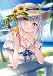  1girl blue_eyes blue_sky blush breasts brown_hat cleavage cloud commentary_request day double_scoop dress flower food frilled_dress frills grey_hair hair_between_eyes hands_up hat hat_flower highres holding holding_food horizon ice_cream ice_cream_cone long_hair looking_at_viewer medium_breasts ocean off-shoulder_dress off_shoulder original outdoors palm_tree parted_lips railing revision sakura_hiyori sky smile solo straw_hat summer tree upper_body water white_dress yellow_flower 