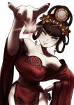  1girl absurdres bare_shoulders black_hair breasts chinese_clothes cianter detached_sleeves dress earrings fingernails hair_ornament hair_rings highres jewelry large_breasts long_hair looking_at_viewer nuwa_(megami_tensei) pale_skin red_dress shin_megami_tensei shin_megami_tensei_v simple_background solo yellow_eyes 