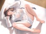  1girl bare_legs barefoot bed_sheet blush bottomless breasts brown_eyes brown_hair collarbone collared_shirt covered_nipples dress_shirt feet full_body highres indoors inushima large_breasts long_hair long_sleeves looking_at_viewer lying necktie nipples no_bra non-web_source on_back on_bed open_mouth original photoshop_(medium) pillow see-through see-through_shirt shirt solo spread_legs teeth toes unworn_necktie upper_teeth_only white_shirt wooden_floor 