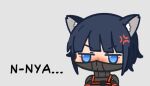  ... 1girl android anger_vein animal_ears armor black_hair blue_eyes blunt_bangs blush cat_ears english_text grey_background mask mouth_mask short_hair sidelocks signalis simple_background skyjacc solo star_(signalis) 