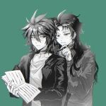  2boys ahoge book chinese_commentary closed_mouth commentary_request fuxiangyi800 green_background greyscale_with_colored_background hair_between_eyes harada_minoru highres holding holding_book holding_pen isoi_reiji jacket long_hair long_sleeves male_focus multiple_boys open_clothes open_jacket pen saibou_shinkyoku scar scar_on_face scar_on_forehead shirt short_hair simple_background smile 