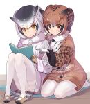  2girls black_hair book brown_coat brown_hair coat commentary_request eurasian_eagle_owl_(kemono_friends) eyebrows_visible_through_hair fur_collar gloves grey_coat highres kemono_friends multicolored_hair multiple_girls northern_white-faced_owl_(kemono_friends) orange_eyes pantyhose pointing reading seiza short_hair sitting tadano_magu white_fur white_gloves white_hair white_legwear winter_clothes winter_coat yellow_footwear yellow_gloves 