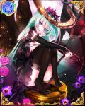  1girl black_dress black_wings blue_eyes demon_tail dress flower game_cg grey_hair hair_flower hair_ornament hugging_own_legs kneehighs long_hair looking_at_viewer munlu_(wolupus) official_art see-through sengoku_bushouki_muramasa sitting smile socks solo tail toilet tokugawa_hidetada_(sengoku_bushouki_muramasa) wings 