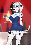  101_dalmatian_street 101_dalmatians alcohol anthro bar beverage breasts canid canine canis clothed clothing collar container cup dalmatian delilah_(101_dalmatians) digital_media_(artwork) disney domestic_dog dragonboy618 dress drinking_glass female fur glass glass_container glass_cup hi_res mammal markings mature_female seductive smile solo spots spotted_body tail white_body white_fur wine wine_glass 