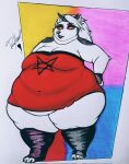 anthro belly big_belly big_breasts breasts canid canid_demon canine clothed clothing demon dress fat_rolls feederism female footwear hand_on_hip hellhound helluva_boss hi_res legwear loona_(helluva_boss) mammal mythological_canine mythological_creature mythology obese obese_anthro obese_female overweight overweight_anthro overweight_female rainymoon9 socks solo thick_thighs thigh_highs thigh_socks tight_clothing traditional_media_(artwork) weight_gain white_body wide_hips 