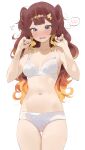  1girl absurdres anya_melfissa blonde_hair blush bow bow_panties bra breasts breasts_apart brown_hair byeon_dha collarbone commentary cowboy_shot flying_sweatdrops full-face_blush hands_up highres hololive hololive_indonesia long_hair looking_at_viewer multicolored_hair navel open_mouth panties purple_eyes simple_background small_breasts spoken_blush streaked_hair thigh_gap two_side_up underwear underwear_only virtual_youtuber wavy_hair white_background white_bra white_panties 