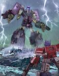  absurdres autobot blue_eyes decepticon english_commentary glowing glowing_eyes highres lens_flare looking_ahead looking_up mecha mecha_focus ocean optimus_prime rain robot superhermit tidal_wave_(transformers) transformers transformers_armada transformers_unicron_trilogy waves 