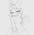  accessory animal_crossing ankha_(animal_crossing) anthro arteficialtrees biped bracelet clothed clothing domestic_cat eyelashes felid feline felis female front_view frown frowning_at_viewer fur hair hi_res jewelry looking_at_viewer mammal monochrome navel nintendo sketch skimpy solo tail wraps wraps_only 
