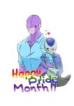  alien alternative_fashion arm_grab bald blue_body blush clothing dragon_ball dragon_ball_super duo frieza_race frost_(dragon_ball) heart_symbol hi_res hit_(dragon_ball) holding_arm hug hugging_arm humanoid lgbt_pride looking_at_another looking_at_partner male male/male pride_colors purple_body red_eyes romantic romantic_couple sailorfrix shirt simple_background size_difference smile text topwear white_background 
