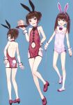  3girls absurdres animal_ears backless_outfit bangs breasts brown_eyes brown_hair chinese_clothes clothing_cutout focke_wulf highres leotard looking_at_viewer multiple_girls navel_cutout original playboy_bunny rabbit_ears scan simple_background skinny small_breasts socks wrist_cuffs 