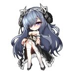  1girl august_von_parseval_(azur_lane) august_von_parseval_(the_conquered_unhulde)_(azur_lane) azur_lane bare_shoulders chibi clothes_lift cross dress dress_lift full_body godgamesc2 grey_hair hair_over_one_eye hair_tie horn_ornament horns long_hair looking_at_viewer panties pleated_dress purple_eyes revealing_clothes simple_background standing underwear very_long_hair white_background 