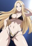  1girl alpha_(kage_no_jitsuryokusha_ni_naritakute!) arm_behind_head ass_visible_through_thighs bikini black_bikini blonde_hair blue_eyes breasts elf feet_out_of_frame from_below groin hand_on_own_hip highres kage_no_jitsuryokusha_ni_naritakute! large_breasts long_hair looking_at_viewer makiri_akira navel open_mouth pointy_ears simple_background solo stomach sun sunlight swimsuit very_long_hair 