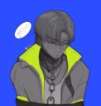  1boy animification apex_legends black_choker blue_background blush chain chinese_commentary choker closed_eyes collarbone crypto_(apex_legends) facing_down greyscale_with_colored_background highres jacket jewelry male_focus necklace parted_hair shengdiyu shirt short_hair solo spot_color 