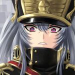  1girl 2187428007 altair_(re:creators) black_coat black_hat blue_eyes clenched_teeth coat commentary commentary_request disgust gold_trim hair_between_eyes hat highres long_hair medium_bangs military_uniform re:creators red_eyes shako_cap symbol-shaped_pupils teeth thick_eyelashes triangle-shaped_pupils uniform white_hair 