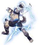  1boy abs animal_ears bara beenic bulge claws dog_ears electricity furry furry_male gloves goggles gyee highres husky male_focus muscular muscular_male navel nipples official_art pectoral_cleavage pectorals shorts smile solo tail tattoo thick_arms thick_thighs thighs tight topless topless_male zixiong_zix 
