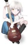  1girl a_shi_kake bang_dream! bang_dream!_it&#039;s_mygo!!!!! black_footwear blue_dress blue_eyes boots closed_mouth commentary_request dress electric_guitar fishnet_thighhighs fishnets guitar heterochromia highres holding holding_guitar holding_instrument instrument kaname_raana knee_boots medium_hair shirt short_sleeves simple_background smile solo thighhighs white_background white_hair white_shirt yellow_eyes 