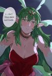  1girl alternate_hairstyle blush breasts cleavage collarbone commentary dragon_girl dragon_horns dragon_wings dress english_commentary english_text fire_emblem fire_emblem_awakening green_eyes green_hair hair_between_eyes hair_ornament highres horns large_breasts long_hair looking_at_viewer mole mole_on_breast pointy_ears pov red_dress sakuremi scales signature solo strapless strapless_dress sweat tiki_(adult)_(fire_emblem) tiki_(fire_emblem) very_long_hair wings 