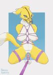  absurd_res anthro ball_rope balls bandai_namco bdsm blue_eyes bondage bound breasts cage_muzzle chastity_cage chastity_device clothing damienkamien dark_eyes dark_nose digimon digimon_(species) ears_back fur genital_rope genitals gynomorph hi_res intersex leash nipples nude penis pivoted_ears renamon restraints rope rope_around_balls rope_bondage shirtless simple_background solo undressing yellow_body yellow_fur 