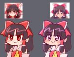  1girl annotated ascot bow bright_pupils chibi closed_mouth clover_(clover11_40) commentary detached_sleeves expressions fang fang_out grey_background hair_bow hair_tubes hakurei_reimu multiple_views purple_eyes red_bow red_eyes red_vest reference_inset simple_background skin_fang smile symbol-only_commentary touhou upper_body vest white_pupils yellow_ascot 
