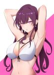  1girl absurdres alternate_hairstyle armpits arms_up bikini breasts bright_pupils cleavage collarbone commentary earrings english_commentary highres honkai:_star_rail honkai_(series) jewelry kafka_(honkai:_star_rail) large_breasts long_hair looking_at_viewer navel open_mouth purple_background purple_eyes purple_hair rowa-wa-wah solo stomach sweat swimsuit two-tone_background upper_body white_background white_bikini white_pupils 