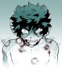  2021 4_ears angry anthro black_eyebrows bodily_fluids bruised bust_portrait clothed clothing cosplay crossover crossover_cosplay crying digital_media_(artwork) eyebrows felid feline front_view green_hair hair hi_res hybrid izuku_midoriya male mammal multi_ear my_hero_academia nipples noronori portrait pupils reptile saliva scalie signature sketch solo tears topless virus_(noronori) white_pupils wounded 