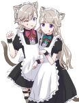  1boy 1girl alternate_costume animal_ears apron aqua_bow aqua_bowtie black_dress bow bowtie breasts brother_and_sister brown_bow brown_bowtie cat_ears cat_girl cat_tail chame_gnsn crossdressing dress enmaided expressionless facial_mark frilled_wrist_cuffs frills garter_straps genshin_impact grey_hair grey_thighhighs hand_on_another&#039;s_shoulder highres kemonomimi_mode long_hair looking_at_viewer lynette_(genshin_impact) lyney_(genshin_impact) maid maid_apron maid_headdress male_maid one_eye_closed paw_pose puffy_short_sleeves puffy_sleeves purple_eyes red_bow red_bowtie short_hair short_sleeves siblings small_breasts smile star_(symbol) star_facial_mark tail teardrop_facial_mark thighhighs tongue tongue_out white_apron white_background wrist_cuffs 