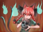  1girl animal_ears braid brown_background cat_ears cat_girl cat_tail commentary highres holding holding_skull kaenbyou_rin looking_at_viewer maref medium_hair multiple_tails red_hair red_nails short_sleeves side_braids signature skull solo tail touhou twin_braids two_tails upper_body 
