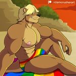  black_nose blonde_hair brown_body brown_fur clamcrusher clothed clothing fur hair hair_over_eyes male mammal mustelid nipples otter solo speedo swimwear topless 
