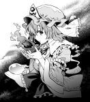  1girl absurdres bangs frills from_side ghost hat highres japanese_clothes kapuchii kimono long_sleeves looking_at_viewer mob_cap monochrome open_mouth ribbon_trim saigyouji_yuyuko short_hair solo touhou triangular_headpiece upper_body wide_sleeves 