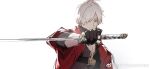  1boy bishounen blue_eyes coat dante_(devil_may_cry) devil_may_cry_(series) devil_may_cry_4 facial_hair fingerless_gloves gloves highres holding looking_at_viewer male_focus red_coat simple_background solo sword trench_coat weapon weibo_7054093389 white_hair yamato_(sword) 