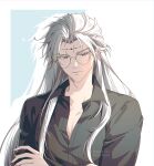  1boy absurdres aqua_eyes calcharo_(wuthering_waves) glasses highres long_hair nebula_horion round_eyewear shirt solo tacet_mark_(wuthering_waves) upper_body v-shaped_eyebrows white_hair wuthering_waves 