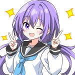  1girl blush commentary_request double_v hair_ornament highres kotatsu-mazoku long_hair long_sleeves looking_at_viewer low_twintails neckerchief one_eye_closed open_mouth original partial_commentary purple_eyes purple_hair school_uniform serafuku smile solo twintails upper_body v 