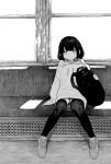  1girl bag expressionless greyscale highres hood hoodie lag_train_(vocaloid) long_hair low_twintails monochrome osage_(nukunuku_nigirimeshi) panties pantyshot shoes sitting sneakers solo survival_yaiba thighhighs train_interior twintails underwear 