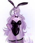  anthro artechka bunny_costume canid canine canis clothing costume domestic_dog easter easter_bunny female five_nights_at_freddy&#039;s five_nights_at_freddy&#039;s:_security_breach fur green_hair grey_body grey_fur hair hi_res holidays invalid_tag lagomorph latex latex_clothing legwear leporid long_hair mammal piercing rabbit roxanne_wolf scottgames solo steel_wool_studios stockings wolf yellow_eyes 