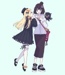  2girls :o abigail_williams_(fate) bag black_bow black_dress black_footwear black_hair black_ribbon black_skirt blonde_hair bloomers blue_background blue_eyes bow commentary dress fate/grand_order fate_(series) flower footwear_bow full_body hair_bow hair_bun hair_flower hair_ornament hand_up hands_on_own_chest hobble_skirt hood hood_down hoodie katsushika_hokusai_(fate) katsushika_hokusai_(traveling_outfit)_(fate) long_hair long_sleeves looking_at_another multiple_girls official_alternate_costume open_mouth orange_bow polka_dot polka_dot_bow red_bag ribbon shoes short_hair shoulder_bag simple_background single_hair_bun sketchbook skirt sneakers standing tiptoes tokitarou_(fate) whispering white_bloomers white_hoodie zka 