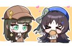  &gt;_&lt; 2girls apron black_gloves black_hair blue_beret bow brown_hat burger character_request chibi cup disposable_cup drinking eating food gloves green_eyes hair_bow hair_ornament hairclip hat highres long_hair multiple_girls pong2 tacet_mark_(wuthering_waves) wuthering_waves yangyang_(wuthering_waves) 