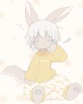  1other :&lt; animal_ear_fluff animal_ears banana_print body_fur brown_fur bubble closed_eyes closed_mouth collared_shirt english_commentary floral_background furry long_sleeves made_in_abyss medium_hair nanachi_(made_in_abyss) narehate other_focus pants print_pants print_shirt puffy_pants rabbit_ears shirt sidelocks sitting sleeves_past_wrists solo tail tatososu whiskers white_background white_hair yellow_shirt 