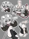  1boy @_@ animal_collar animal_ear_hairband animal_ears black_shorts bleeding blood clothes_lift collar crying crying_with_eyes_open disembodied_hand dog_boy dog_ears dog_tail drugs_neko english_commentary fake_animal_ears fish_hair_ornament full_body grey_background grey_eyes grey_hair hair_ornament hairband hand_on_another&#039;s_head highres holding holding_leash leash licking lifting_another&#039;s_clothes long_sleeves looking_at_viewer lying male_focus on_back open_mouth original scar scar_on_arm scar_on_leg self-harm_scar shirt_lift short_hair shorts simple_background speech_bubble sweat tail tears uneven_eyes 